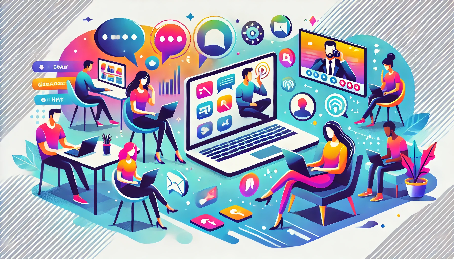Illustration de gestion à distance avec une équipe collaborant en ligne depuis différents lieux, utilisant des technologies modernes comme des ordinateurs portables et des smartphones.