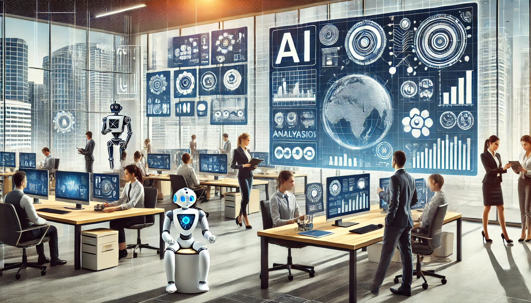 Créez une illustration montrant un bureau moderne avec des employés interagissant de manière transparente avec des outils alimentés par l'IA, en soulignant l'intégration de l'intelligence artificielle dans divers processus d'entreprise.